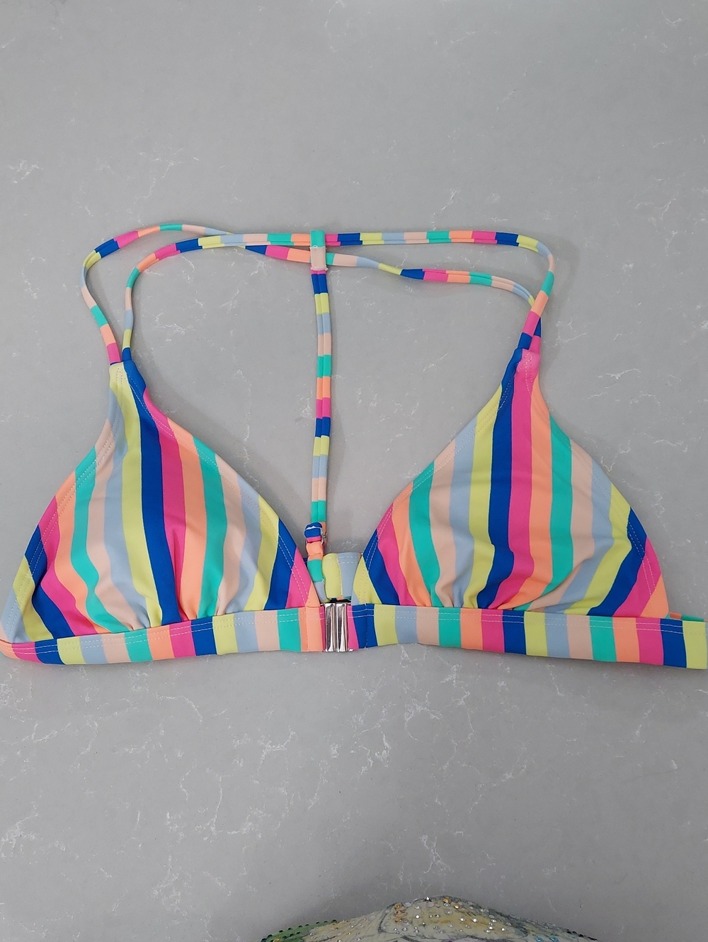 Xhileration Bikini Top, Size XL, Striped Colorful, Front Close, T-Back